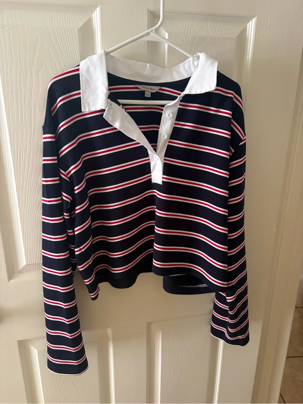 Striped Navy Blue Red Collegiate Style Cropped Rugby Polo Top Long Sleeve